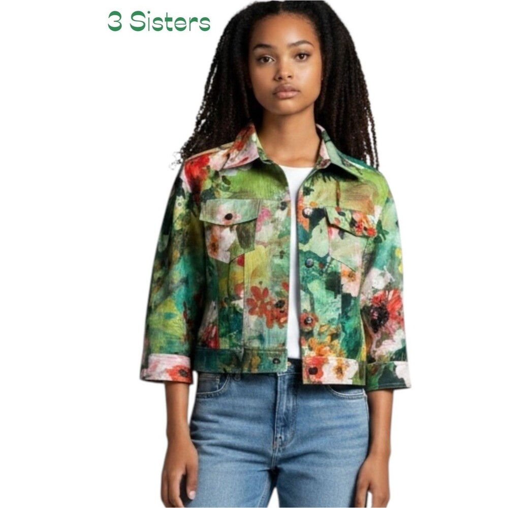 Anthropologie 3 Sisters Green Red Bold Floral Print Cropped Jacket NWOT